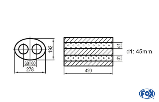 FOX Uni-Schalldämpfer oval zweiflutig - Abwicklung 754 278x192mm, d1Ø 45mm, Länge: 420mm