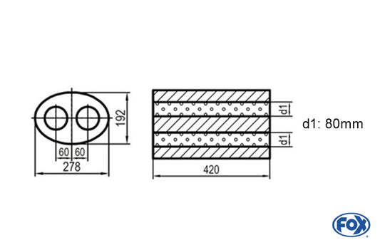 FOX Uni-Schalldämpfer oval zweiflutig - Abwicklung 754 278x192mm, d1Ø 80mm, Länge: 420mm