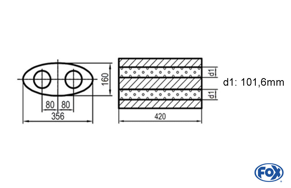 FOX Uni-Schalldämpfer oval zweiflutig - Abwicklung 818 356x160mm, d1Ø 101,6mm, Länge: 420mm