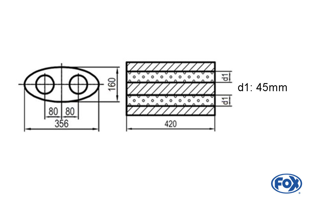 FOX Uni-Schalldämpfer oval zweiflutig - Abwicklung 818 356x160mm, d1Ø 45mm, Länge: 420mm