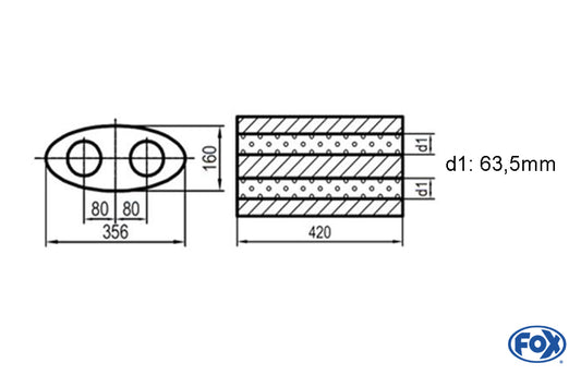 FOX Uni-Schalldämpfer oval zweiflutig - Abwicklung 818 356x160mm, d1Ø 63,5mm, Länge: 420mm