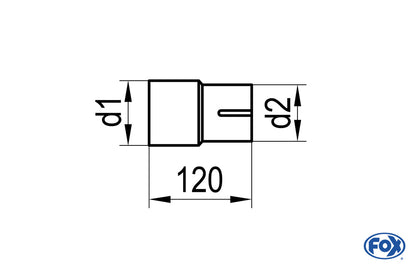 FOX Einzelmuffe - Länge: 120mm d1 = 45mm außen/ d2 innen geschlitzt = ... variabel (muss angegeben werden - d2 darf max. d1 +/- 10mm betragen)