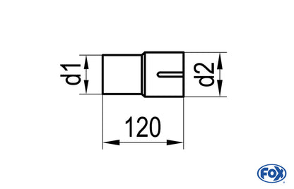 FOX Einzelmuffe 63,5mm auf xxx - Länge: 120mm d1 = 63,5mm außen/ d2 innen geschlitzt = ... variabel (muss angegeben werden - d2 darf max. d1 +/- 10mm betragen)