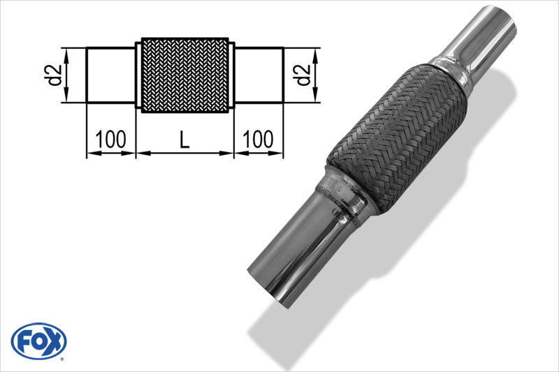 FOX Flexibles Rohr Interlock - Ø70mm  - Länge: 70mm + Stutzen Innenleben besteht aus Edelstahlwellrohr - Außenhülle ist Edelstahlgeflecht -  Mit Edelstahl-Schlussrohren zum Anschweißen - d2 (innen): variabel (muss separat angegeben werden!)