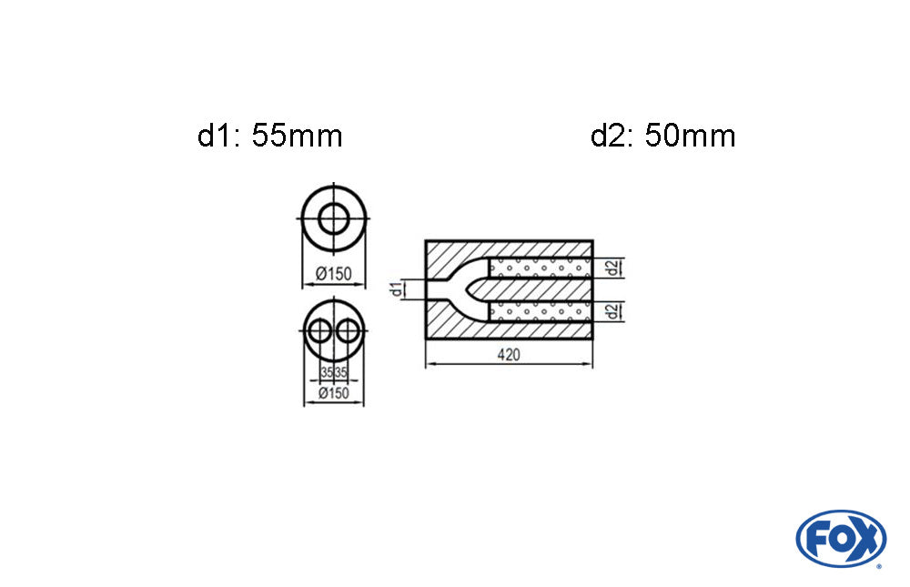 FOX Uni-Schalldämpfer rund zweiflutig mit Hose - Abwicklung 466 Ø150mm, d1Ø 55mm  d2Ø 50mm, Länge: 420mm