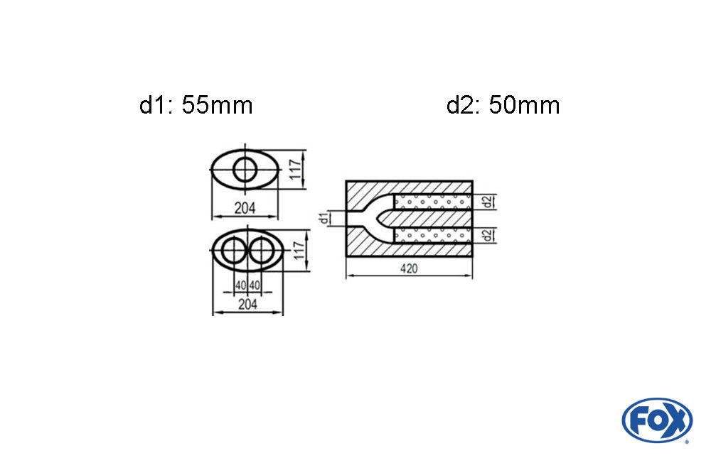 FOX Uni-Schalldämpfer oval zweiflutig mit Hose - Abwicklung 525 204x117mm, d1Ø 55mm  d2Ø 50mm, Länge: 420mm