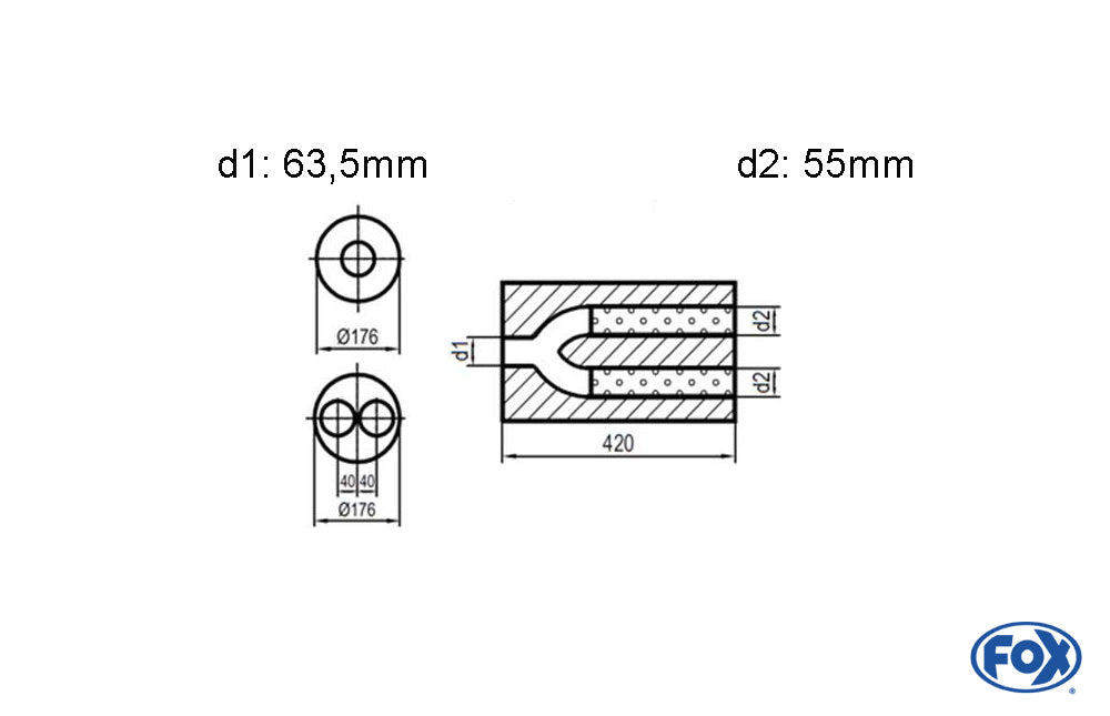 FOX Uni-Schalldämpfer rund zweiflutig mit Hose- Abwicklung 556 Ø176mm, d1Ø 63,5mm außen, d2Ø 55mm außen, Länge: 420mm -Ø176mm