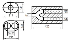 FOX Uni-Schalldämpfer oval zweiflutig mit Hose - Abwicklung 585 211x145mm, d1Ø 80mm  d2Ø 70mm, Länge: 420mm