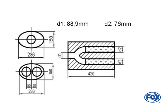 FOX Uni-Schalldämpfer oval zweiflutig mit Hose - Abwicklung 618 236x150mm, d1Ø 88,9mm außen - d2Ø 2x76mm außen, Länge: 420mm