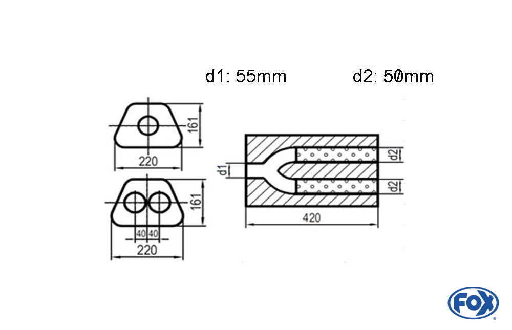 FOX Uni-Schalldämpfer trapezoid zweiflutig mit Hose - Abw. 644 220x161mm, d1Ø 55mm  d2Ø 50mm, Länge: 420mm