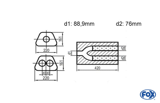 FOX Uni-Schalldämpfer trapezoid zweiflutig mit Hose - Abwicklung 220x161mm, d1: 88,9mm, d2: 76mm - Länge: 420mm