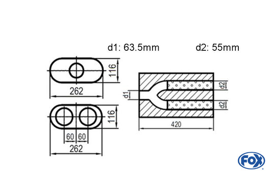 FOX Uni-Schalldämpfer oval zweiflutig mit Hose - Abwicklung 650 262x116mm, d1Ø 63,5mm  d2Ø 55mm, Länge: 420mm