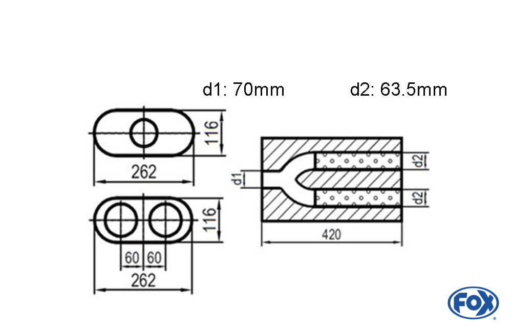 FOX Uni-Schalldämpfer oval zweiflutig mit Hose - Abwicklung 650 262x116mm, d1Ø 70mm  d2Ø 60mm, Länge: 420mm