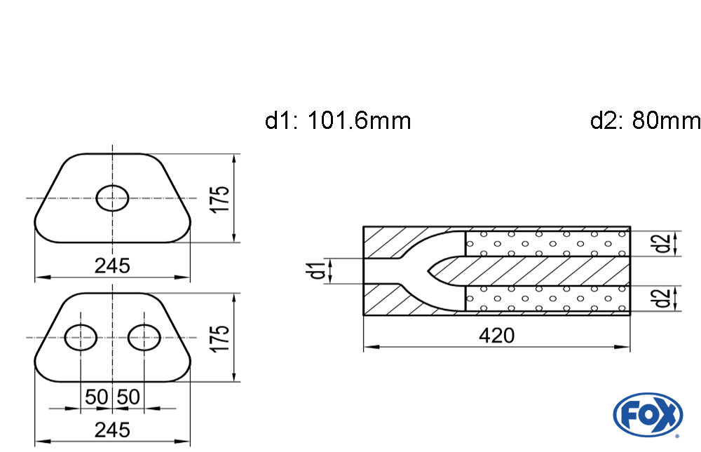 FOX Uni-Schalldämpfer trapezoid zweiflutig mit Hose - Abw. 711 245x175mm, d1Ø 101,6mm außen/ d2Ø 2x80mm außen - Länge: 420mm