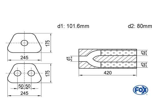 FOX Uni-Schalldämpfer trapezoid zweiflutig mit Hose - Abw. 711 245x175mm, d1Ø 101,6mm außen/ d2Ø 2x80mm außen - Länge: 420mm