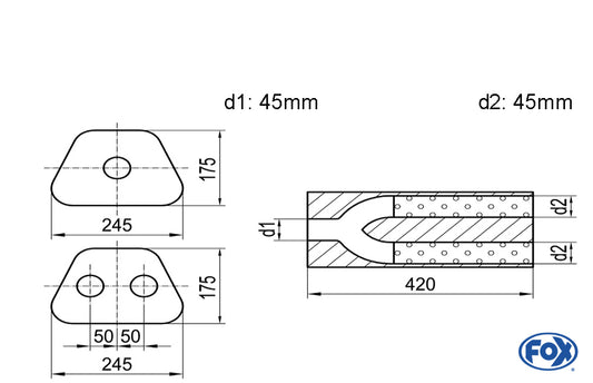 FOX Uni-Schalldämpfer trapezoid zweiflutig mit Hose - Abw. 711 245x175mm, d1Ø 45mm außen/ d2Ø 2x40mm außen - Länge: 420mm