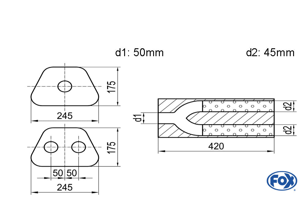 FOX Uni-Schalldämpfer trapezoid zweiflutig mit Hose - Abw. 711 245x175mm, d1Ø 50mm außen/ d2Ø 2x45mm außen - Länge: 420mm