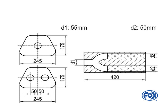 FOX Uni-Schalldämpfer trapezoid zweiflutig mit Hose - Abw. 711 245x175mm, d1Ø 55mm außen/ d2Ø 2x50mm außen - Länge: 420mm