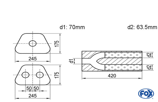 FOX Uni-Schalldämpfer trapezoid zweiflutig mit Hose - Abw. 711 245x175mm, d1Ø 70mm  d2Ø 60mm, Länge: 420mm