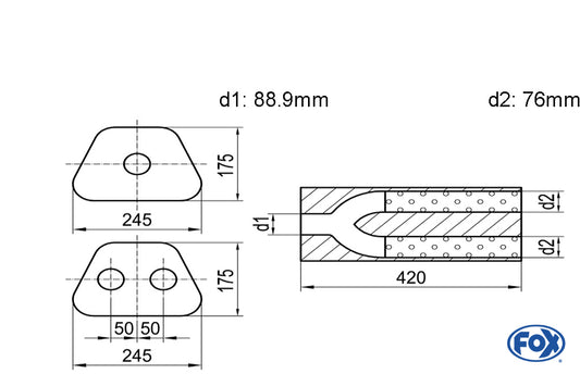 FOX Uni-Schalldämpfer trapezoid zweiflutig mit Hose - Abw. 711 245x175mm, d1Ø 88,9mm innen/ 2x d2Ø 70mm innen, Länge: 420mm