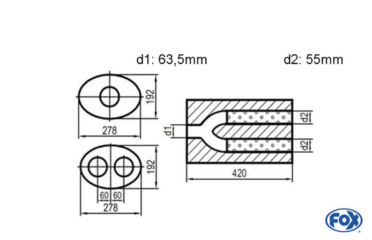 FOX Uni-Schalldämpfer oval zweiflutig mit Hose - Abwicklung 754 278x192mm, d1Ø 63,5mm  d2Ø 55mm, Länge: 420mm