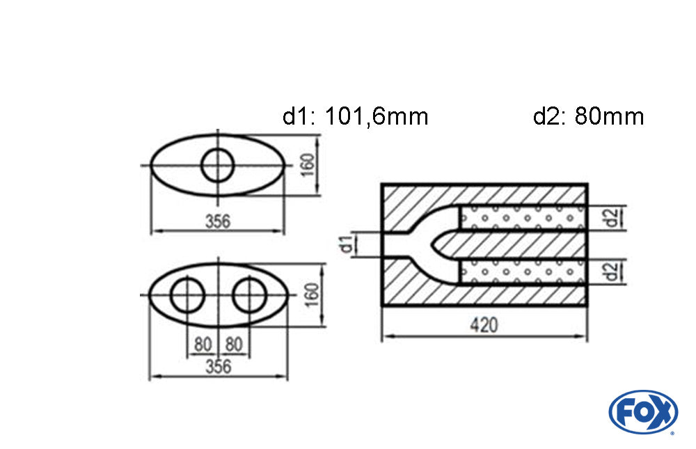 FOX Uni-Schalldämpfer oval zweiflutig mit Hose - Abwicklung 818 356x160mm, d1Ø 101,6mm  d2Ø 80mm, Länge: 420mm