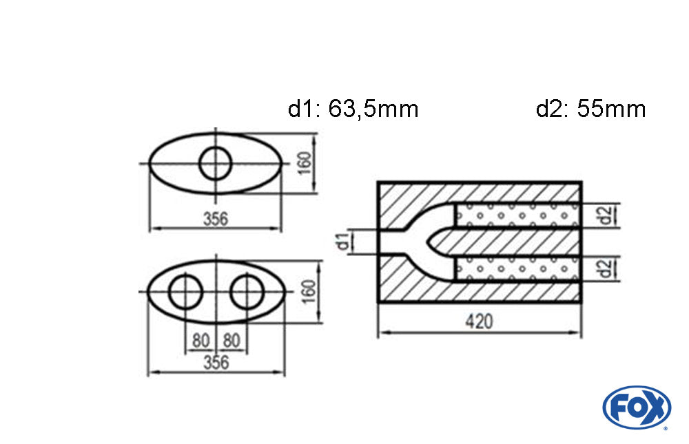 FOX Uni-Schalldämpfer oval zweiflutig mit Hose - Abwicklung 818 356x160mm, d1Ø 63,5mm  d2Ø 55mm, Länge: 420mm