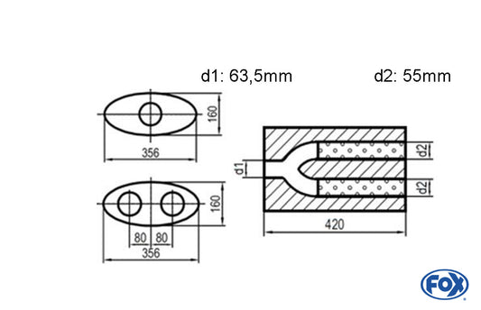 FOX Uni-Schalldämpfer oval zweiflutig mit Hose - Abwicklung 818 356x160mm, d1Ø 63,5mm  d2Ø 55mm, Länge: 420mm