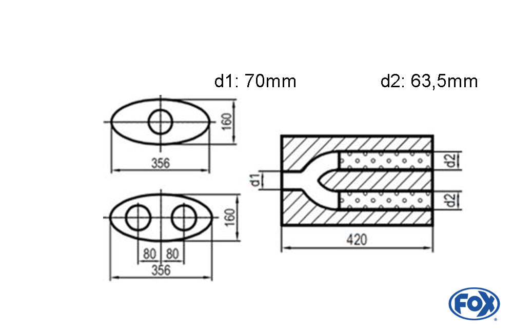 FOX Uni-Schalldämpfer oval zweiflutig mit Hose - Abwicklung 818 356x160mm, d1Ø 70mm  d2Ø 60mm, Länge: 420mm