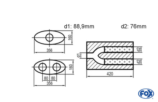 FOX Uni-Schalldämpfer oval zweiflutig mit Hose - Abwicklung 818 356x160mm, d1Ø 88mm  d2Ø 76mm, Länge: 420mm