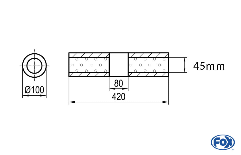 FOX Uni-Schalldämpfer rund ohne Stutzen mit Kammer - Abw. 314 Ø 100mm, d1Ø 45mm (außen), Länge: 420mm