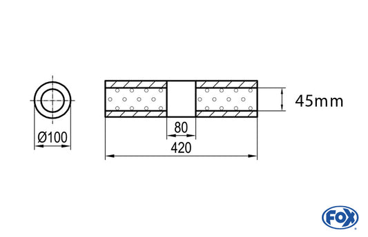 FOX Uni-Schalldämpfer rund ohne Stutzen mit Kammer - Abw. 314 Ø 100mm, d1Ø 45mm (außen), Länge: 420mm