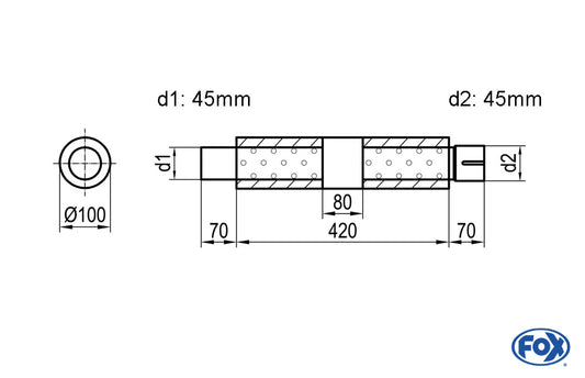 FOX Uni-Schalldämpfer rund mit Kammer + Stutzen - Abw. 314 Ø 100mm, d1Ø 45mm (außen), d2Ø 45mm (innen), Länge: 420mm
