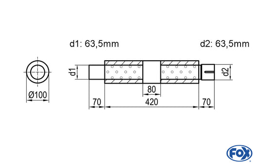 FOX Uni-Schalldämpfer rund mit Kammer + Stutzen - Abw. 314 Ø 100mm, d1Ø 63,5mm (außen), d2Ø 63,5mm (innen), Länge: 420mm