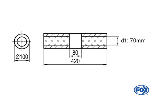 FOX Uni-Schalldämpfer rund ohne Stutzen mit Kammer - Abw. 314 Ø 100mm, d1Ø 70mm (außen), Länge: 420mm