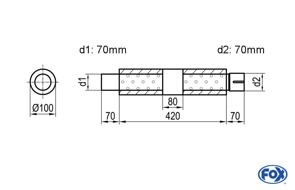 FOX Uni-Schalldämpfer rund mit Kammer + Stutzen - Abw. 314 Ø 100mm, d1Ø 70mm (außen), d2Ø 70mm (innen), Länge: 420mm
