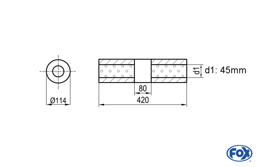 FOX Uni-Schalldämpfer rund ohne Stutzen mit Kammer - Abw. 355 Ø 114mm, d1Ø 45mm (außen), Länge: 420mm