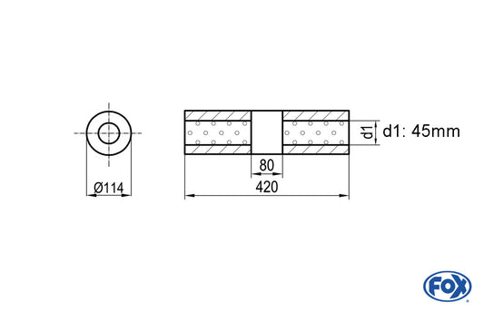 FOX Uni-Schalldämpfer rund ohne Stutzen mit Kammer - Abw. 355 Ø 114mm, d1Ø 45mm (außen), Länge: 420mm