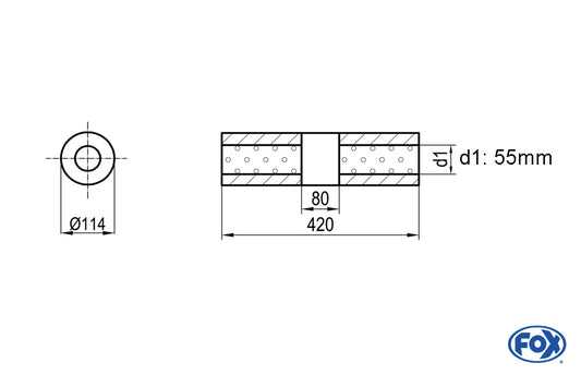 FOX Uni-Schalldämpfer rund ohne Stutzen mit Kammer - Abw. 355 Ø 114mm, d1Ø 55mm (außen), Länge: 420mm