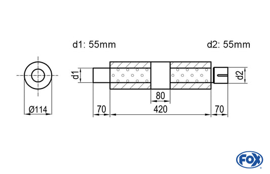 FOX Uni-Schalldämpfer rund mit Kammer + Stutzen - Abw. 355 Ø 114mm, d1Ø 55mm (außen), d2Ø 55mm (innen), Länge: 420mm