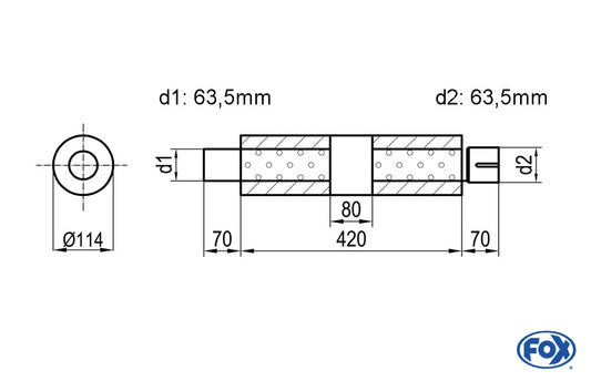 FOX Uni-Schalldämpfer rund mit Kammer + Stutzenr - Abw. 355 Ø 114mm, d1Ø 63,5mm (außen), d2Ø 63,5mm (innen), Länge: 420mm