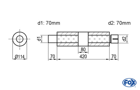 FOX Uni-Schalldämpfer rund mit Kammer + Stutzen - Abw. 355 Ø 114mm, d1Ø 70mm (außen), d2Ø 70mm (innen), Länge: 420mm