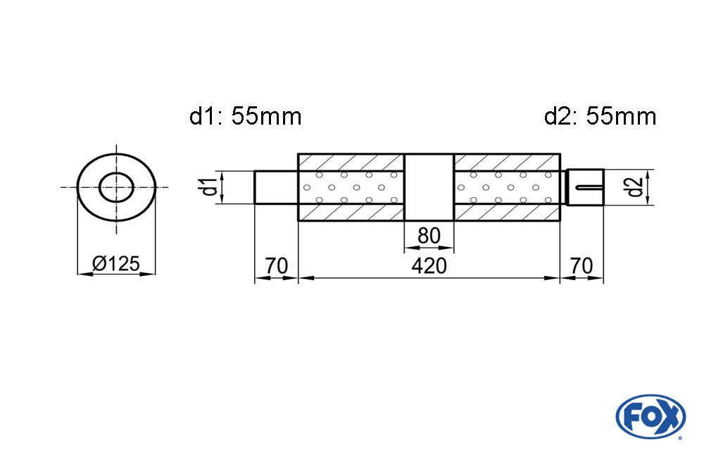 FOX Uni-Schalldämpfer rund mit Kammer + Stutzen - Abw. 390 Ø 125mm, d1Ø 55mm (außen), d2Ø 55mm (innen), Länge: 420mm