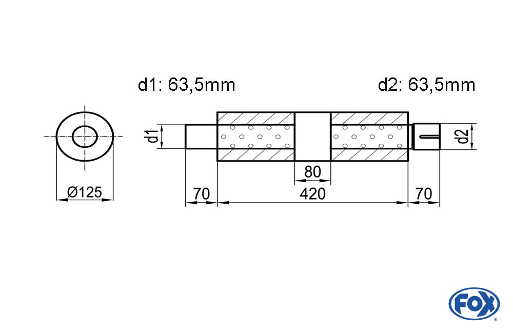 FOX Uni-Schalldämpfer rund mit Kammer + Stutzen - Abw. 390 Ø 125mm, d1Ø 63,5mm (außen), d2Ø 63,5mm (innen), Länge: 420mm