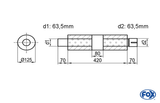 FOX Uni-Schalldämpfer rund mit Kammer + Stutzen - Abw. 390 Ø 125mm, d1Ø 63,5mm (außen), d2Ø 63,5mm (innen), Länge: 420mm