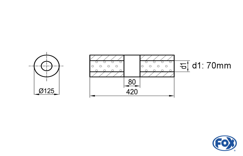 FOX Uni-Schalldämpfer rund ohne Stutzen mit Kammer - Abw. 390 Ø 125mm, d1Ø 70mm (außen), Länge: 420mm