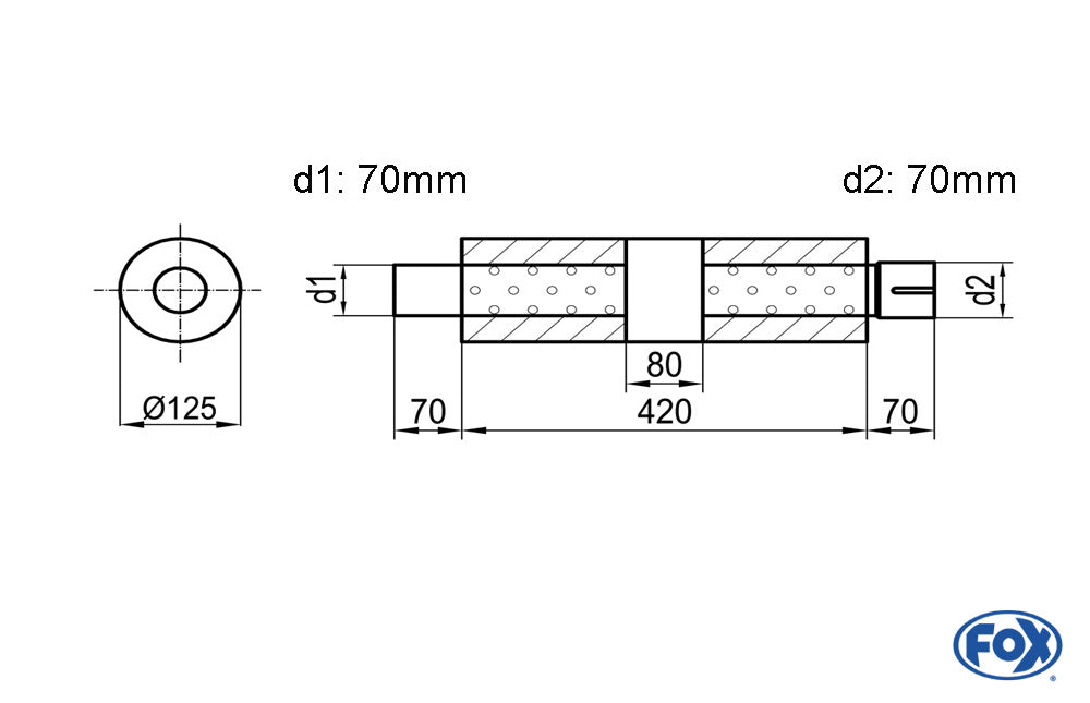 FOX Uni-Schalldämpfer rund mit Kammer + Stutzen - Abw. 390 Ø 125mm, d1Ø 70mm (außen), d2Ø 70mm (innen), Länge: 420mm