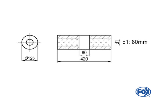 FOX Uni-Schalldämpfer rund ohne Stutzen mit Kammer - Abw. 390 Ø 125mm, d1Ø 80mm (außen), Länge: 420mm