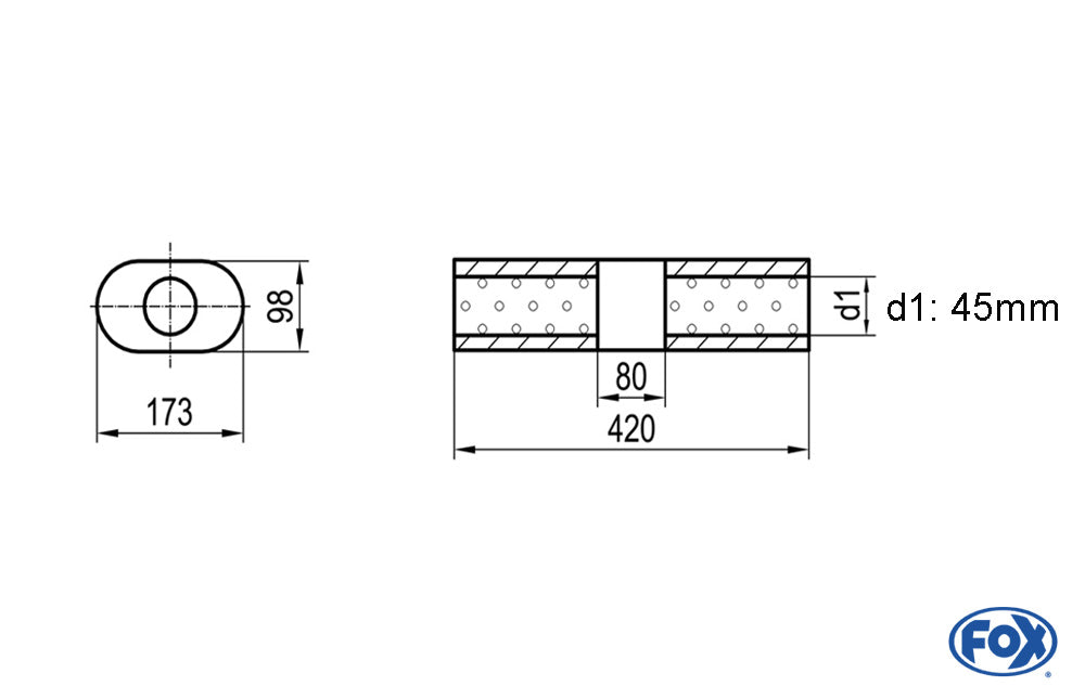 FOX Uni-Schalldämpfer Oval ohne Stutzen mit Kammer - Abw. 450 173x98mm, d1Ø 45mm (außen), Länge: 420mm