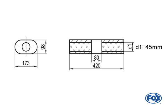 FOX Uni-Schalldämpfer Oval ohne Stutzen mit Kammer - Abw. 450 173x98mm, d1Ø 45mm (außen), Länge: 420mm